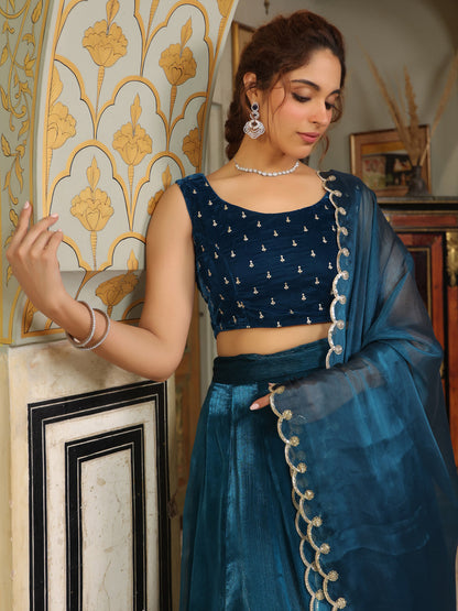 Teal Blue Organza Zari Embroidered Pleated Lehenga Choli Set