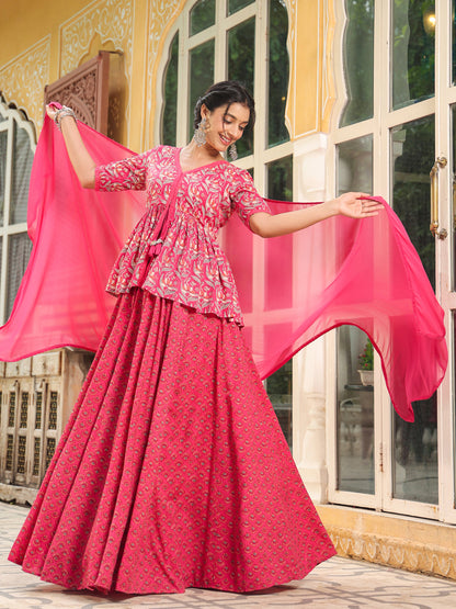 Pink Pure Cotton Floral Printed Lehenga Top with Dupatta Set