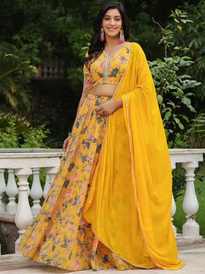 Yellow Georgette Floral Printed Tiered Lehenga Choli Set