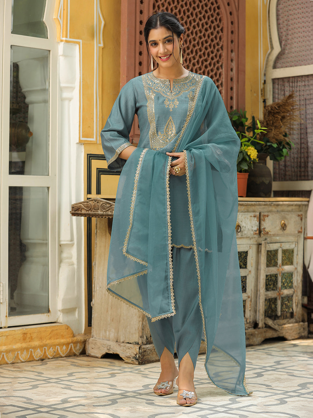 Sage Green Silk Blend Embroidered Straight Kurta Set