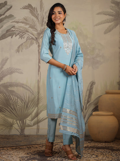 Light Blue Chanderi Silk Embroidered Straight Kurta Set