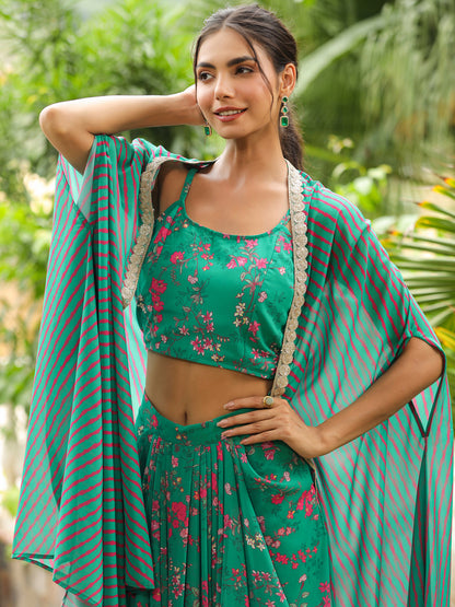 Green Georgette Floral Printed Pleated Skirt With Top & Cape Set