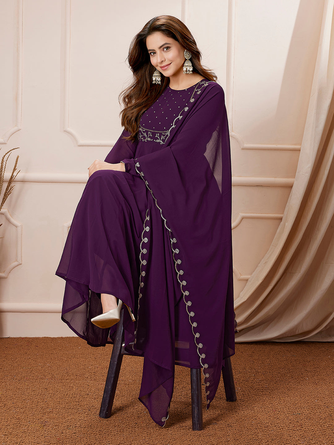 Purple Georgette Embroidered Anarkali Palazzo Set