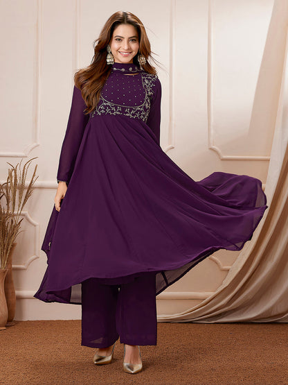 Purple Georgette Embroidered Anarkali Palazzo Set