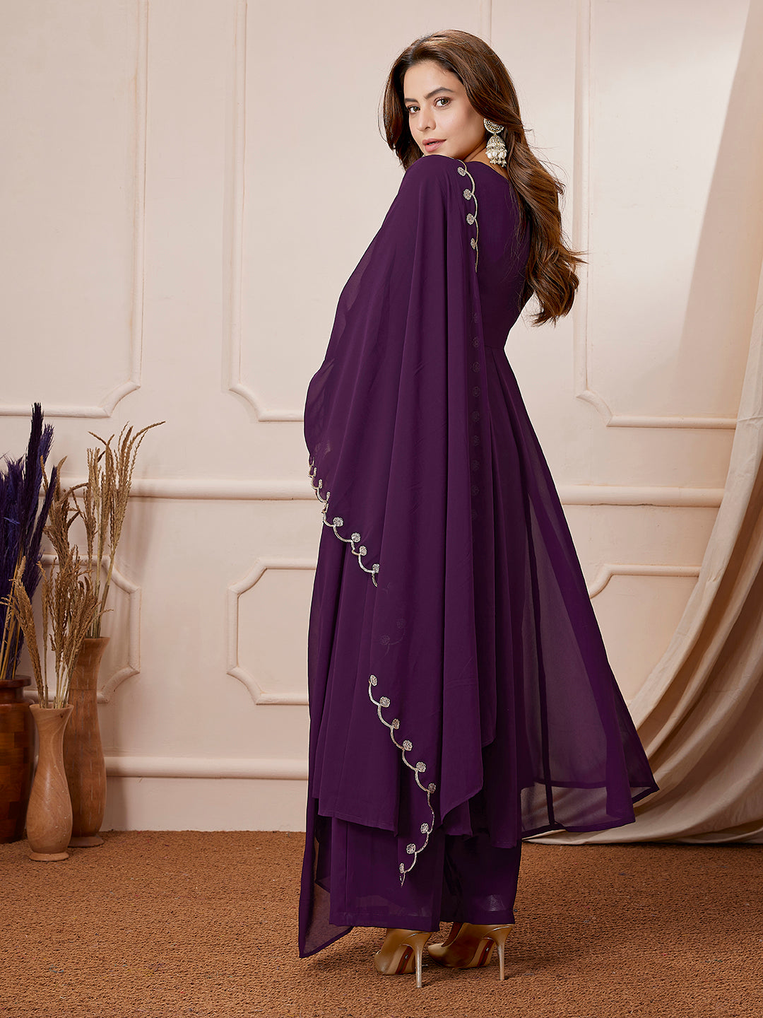 Purple Georgette Embroidered Anarkali Palazzo Set
