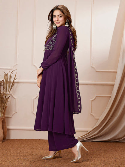 Purple Georgette Embroidered Anarkali Palazzo Set