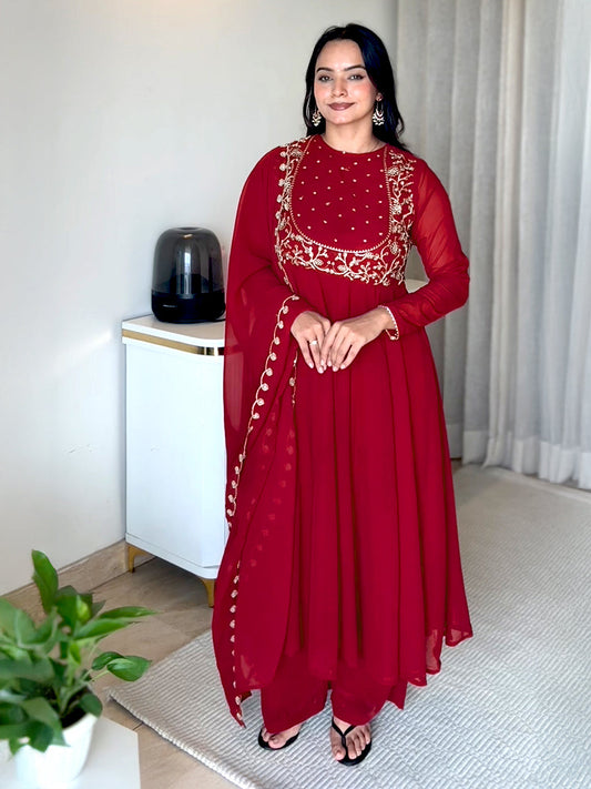 Maroon Georgette Embroidered Anarkali Kurta Set