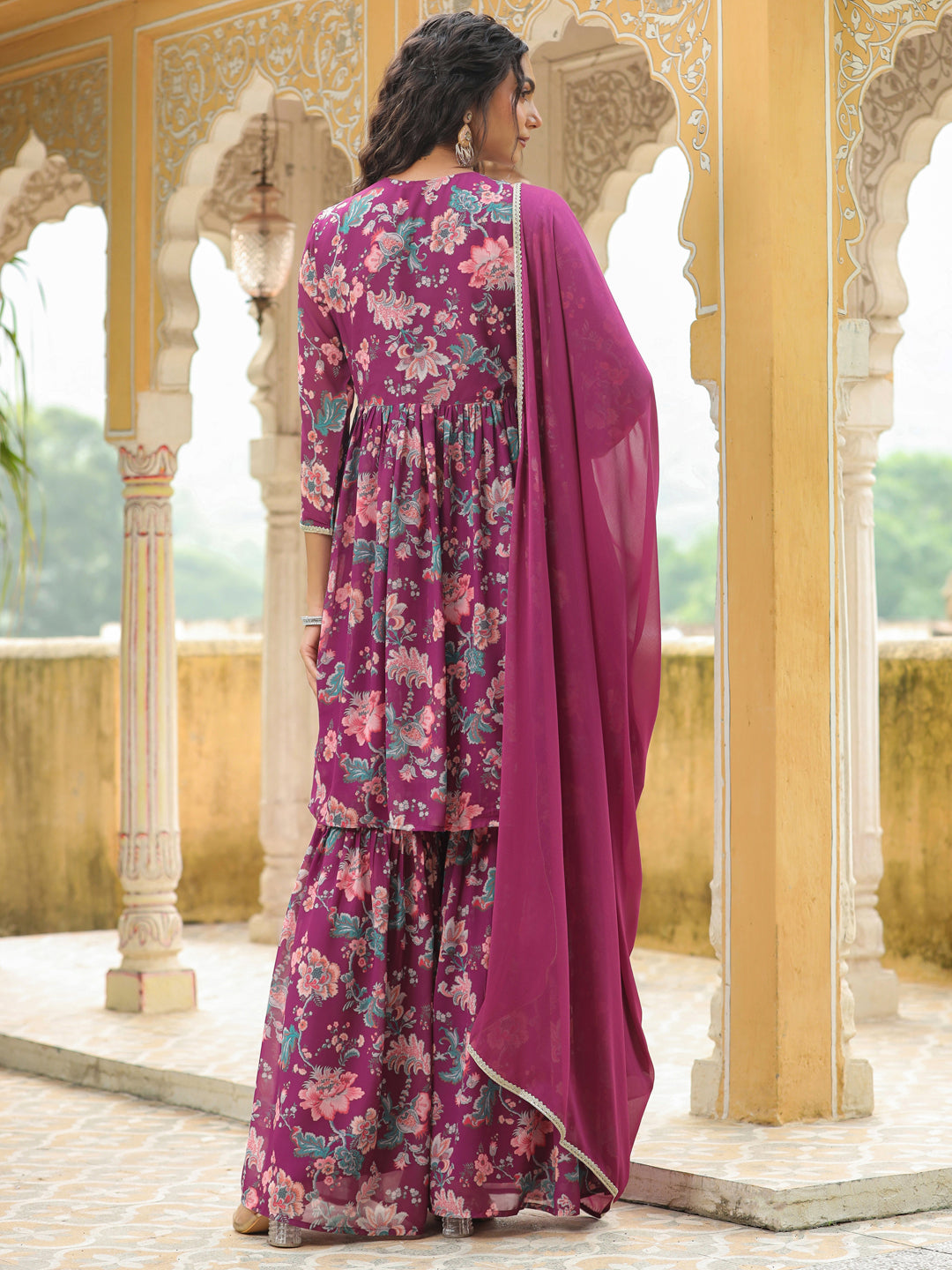 Purple Georgette Floral Printed A-Line Sharara Set