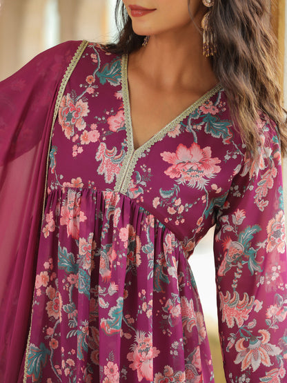 Purple Georgette Floral Printed A-Line Sharara Set