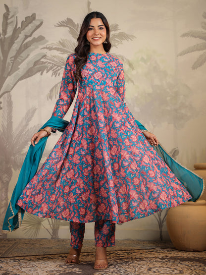 Teal Blue Georgette Floral Printed Anarkali Kurta Set