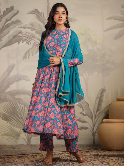 Teal Blue Georgette Floral Printed Anarkali Kurta Set
