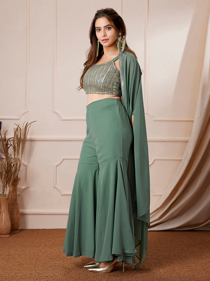 Sage Green Georgette Sequined Crop Top With Sharara & Cape Set