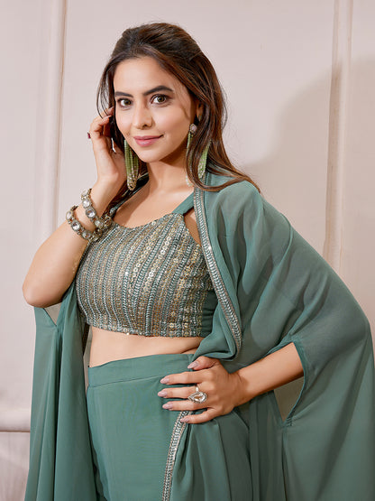 Sage Green Georgette Sequined Crop Top With Sharara & Cape Set