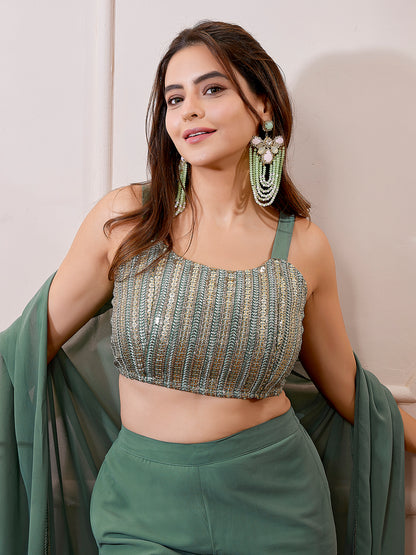 Sage Green Georgette Sequined Crop Top With Sharara & Cape Set