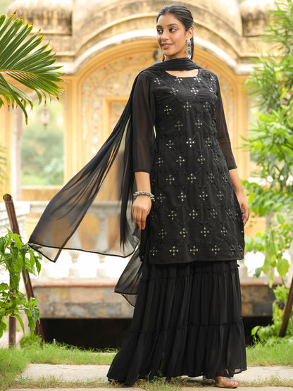 Black Georgette Embroidered Straight Kurta With Sharara Set