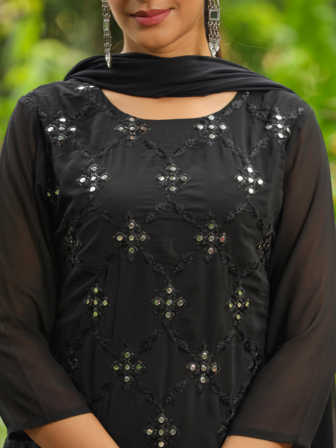 Black Georgette Embroidered Straight Kurta With Sharara Set