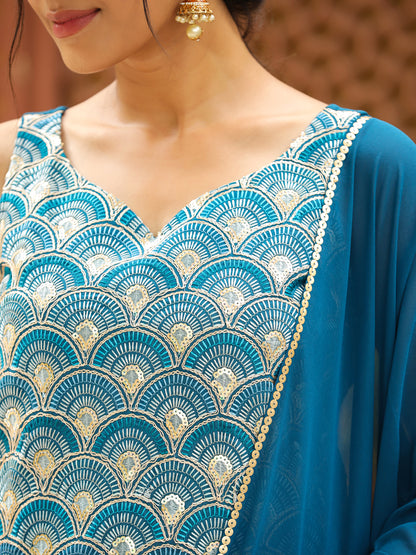 Teal Blue Georgette Embroidered Straight Kurta with Sharara & Dupatta Set
