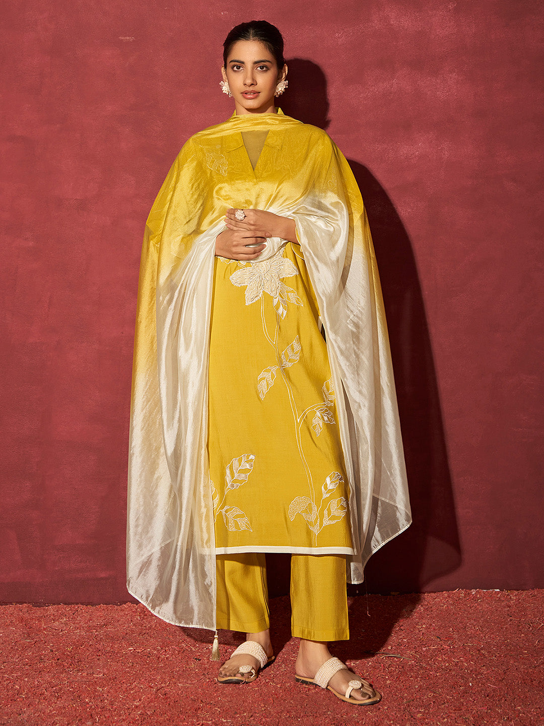 Yellow Chanderi Silk Handwork with Applique Embroidered Straight Kurta Set