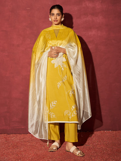 Yellow Chanderi Silk Handwork with Applique Embroidered Straight Kurta Set