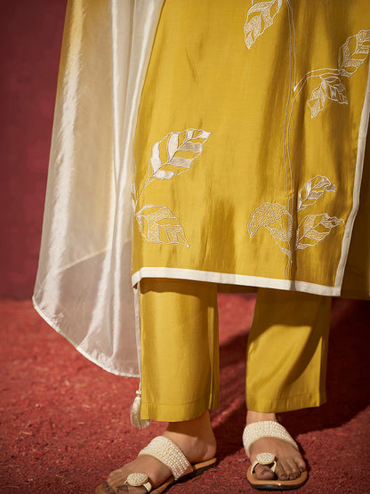 Yellow Chanderi Silk Handwork with Applique Embroidered Straight Kurta Set