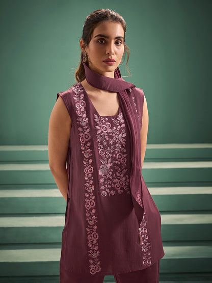 Burgundy Chanderi Silk Embroidered Straight Kurta Set