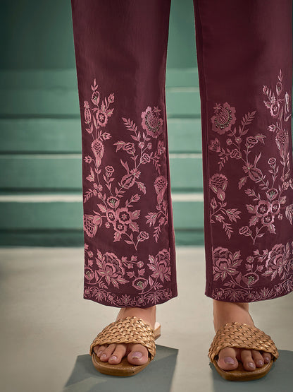 Burgundy Chanderi Silk Embroidered Straight Kurta Set