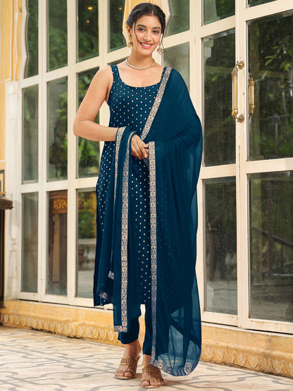 Janasya Women's Teal Blue Rayon Foil Printed Straight Kurta Set