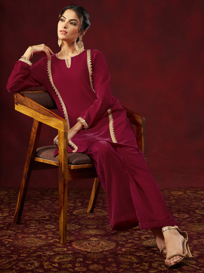 Janasya Women's Pink Velvet Embellished Straight Co-ord Set