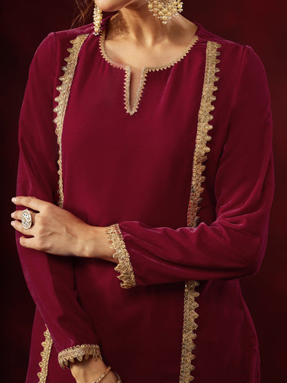 Janasya Women's Pink Velvet Embellished Straight Co-ord Set