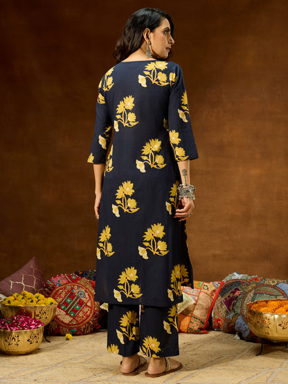 Janasya Women's Navy Blue Pure Cotton Floral Printed Straight Co-ord Set