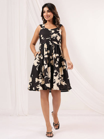 Janasya Women's Black & Cream Pure Cotton Floral Printed Fit & Flare Dress