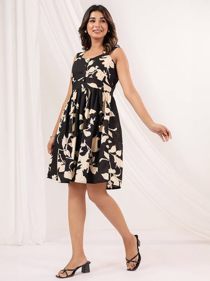 Janasya Women's Black & Cream Pure Cotton Floral Printed Fit & Flare Dress