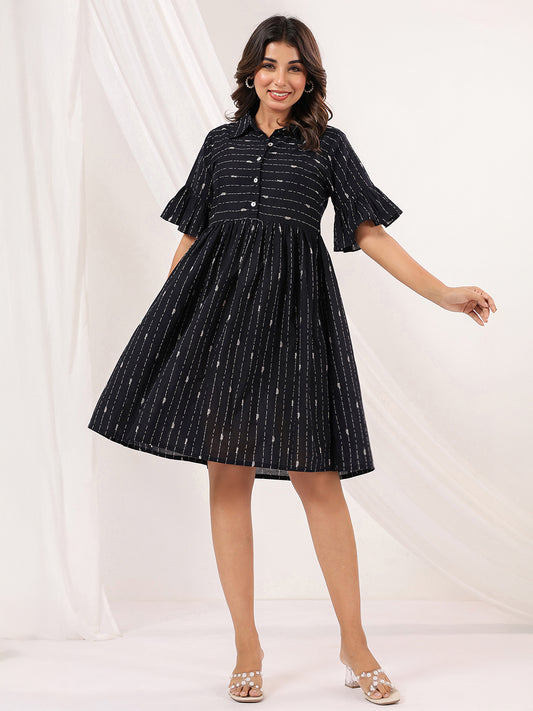 Janasya Women's Black Cotton Abstract Printed A-line Dress