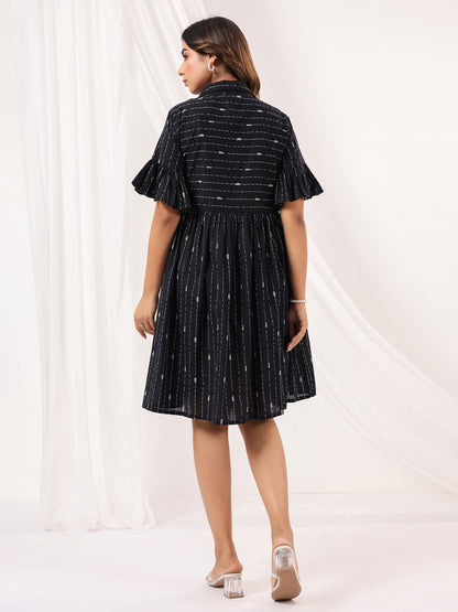 Janasya Women's Black Cotton Abstract Printed A-line Dress