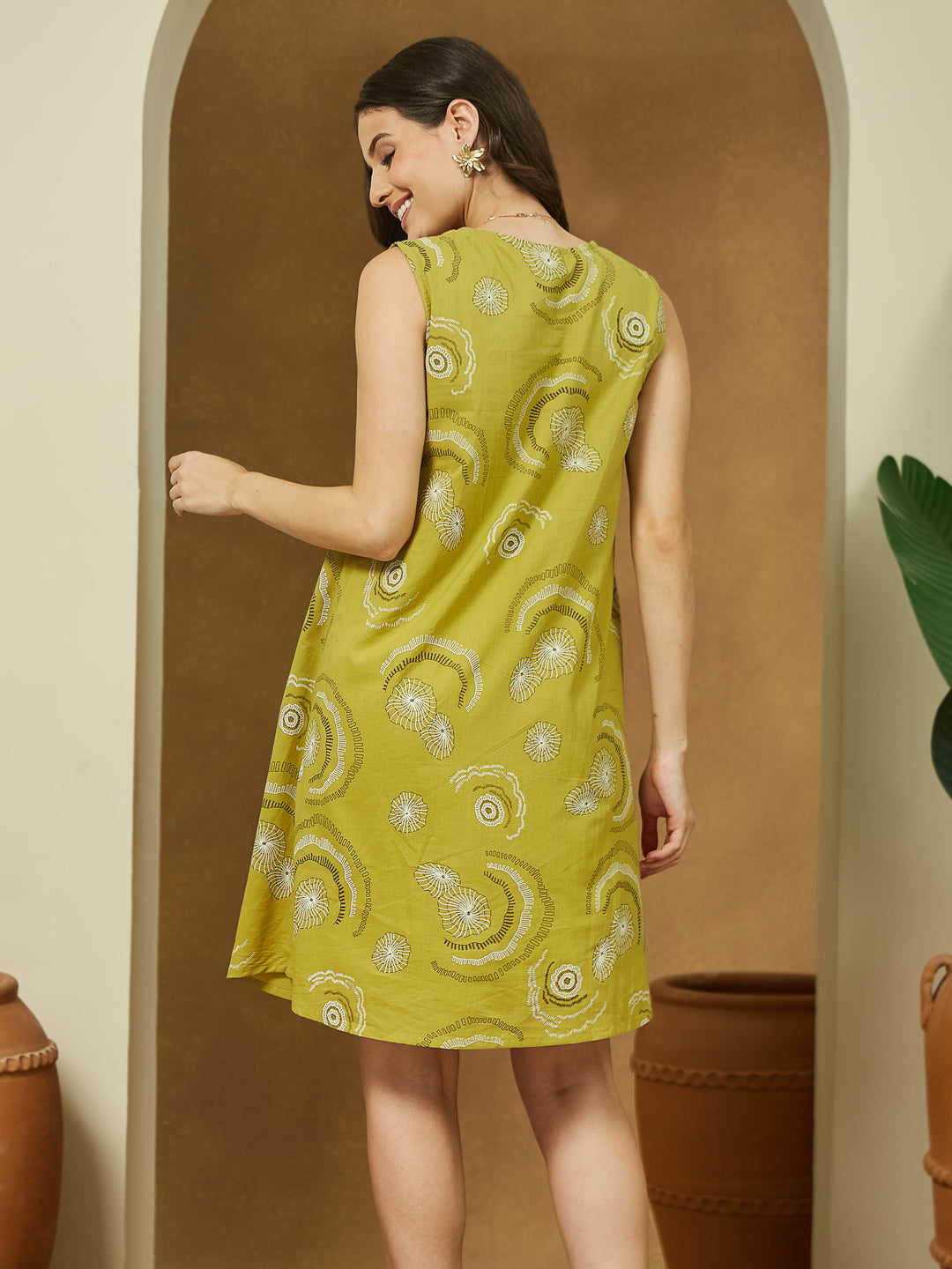 Janasya Women's Olive Green Pure Cotton Abstract Printed A-line Dress