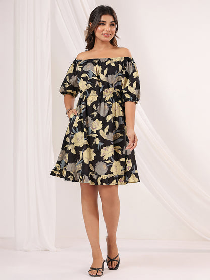 Janasya Women's Black Pure Cotton Floral Printed A-line Dress