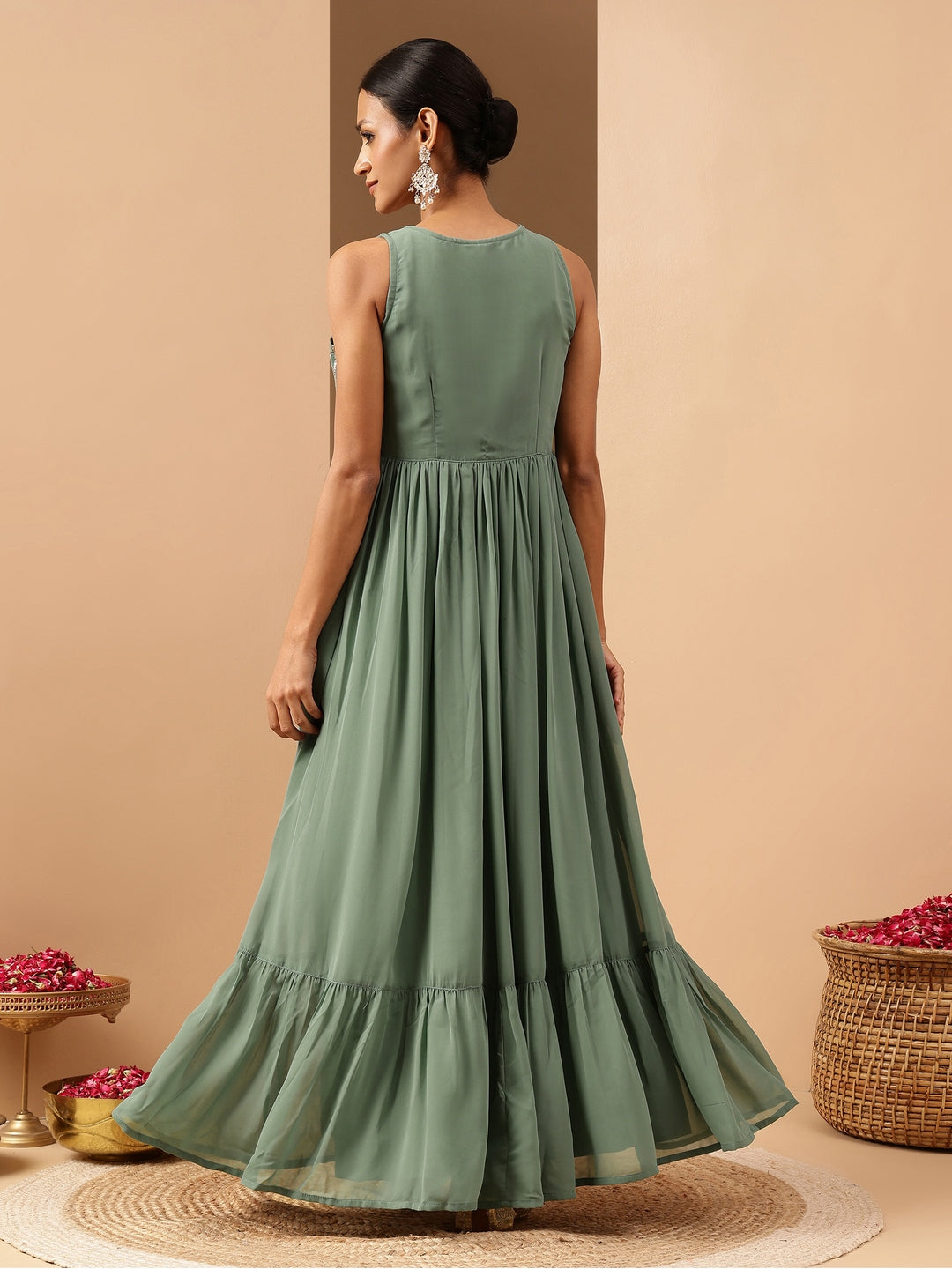 Janasya Women's Sage Green Georgette Sequined Gathered Flared Gown