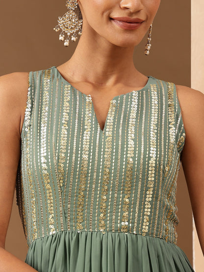 Janasya Women's Sage Green Georgette Sequined Gathered Flared Gown