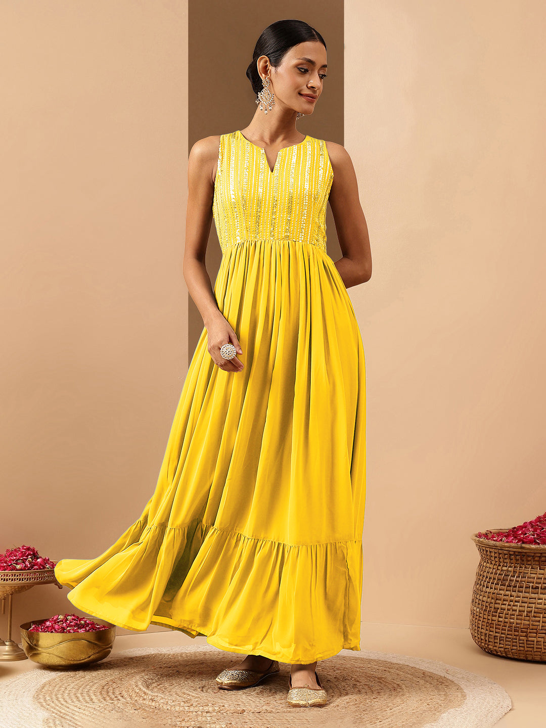 Janasya Women's Yellow Georgette Sequined Gathered Flared Gown