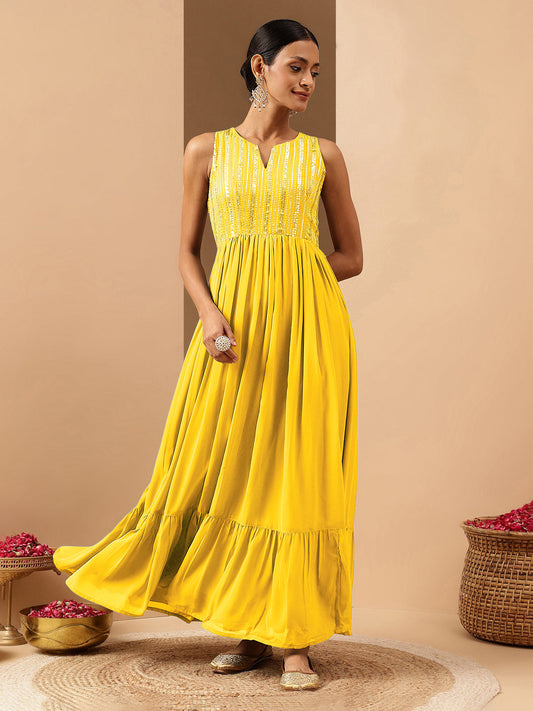 Janasya Women's Yellow Georgette Sequined Gathered Flared Gown