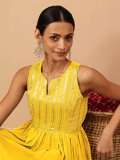 Janasya Women's Yellow Georgette Sequined Gathered Flared Gown