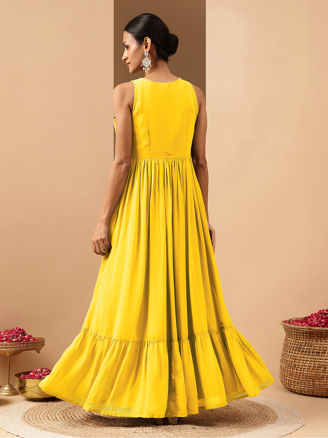 Janasya Women's Yellow Georgette Sequined Gathered Flared Gown