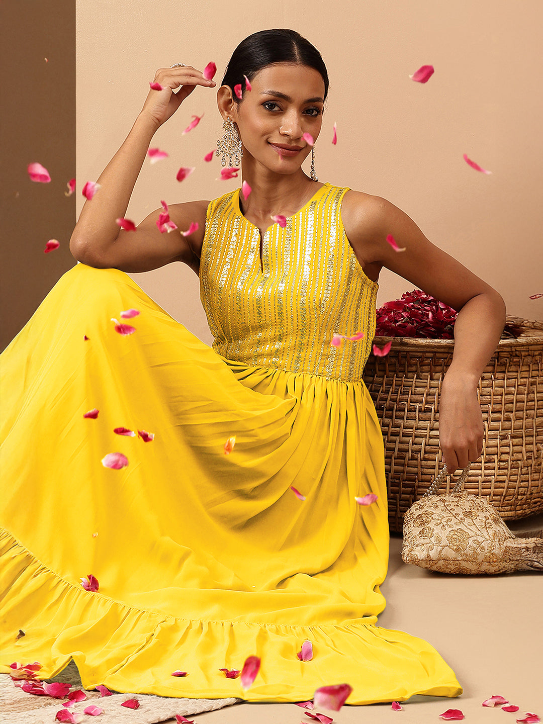 Janasya Women's Yellow Georgette Sequined Gathered Flared Gown