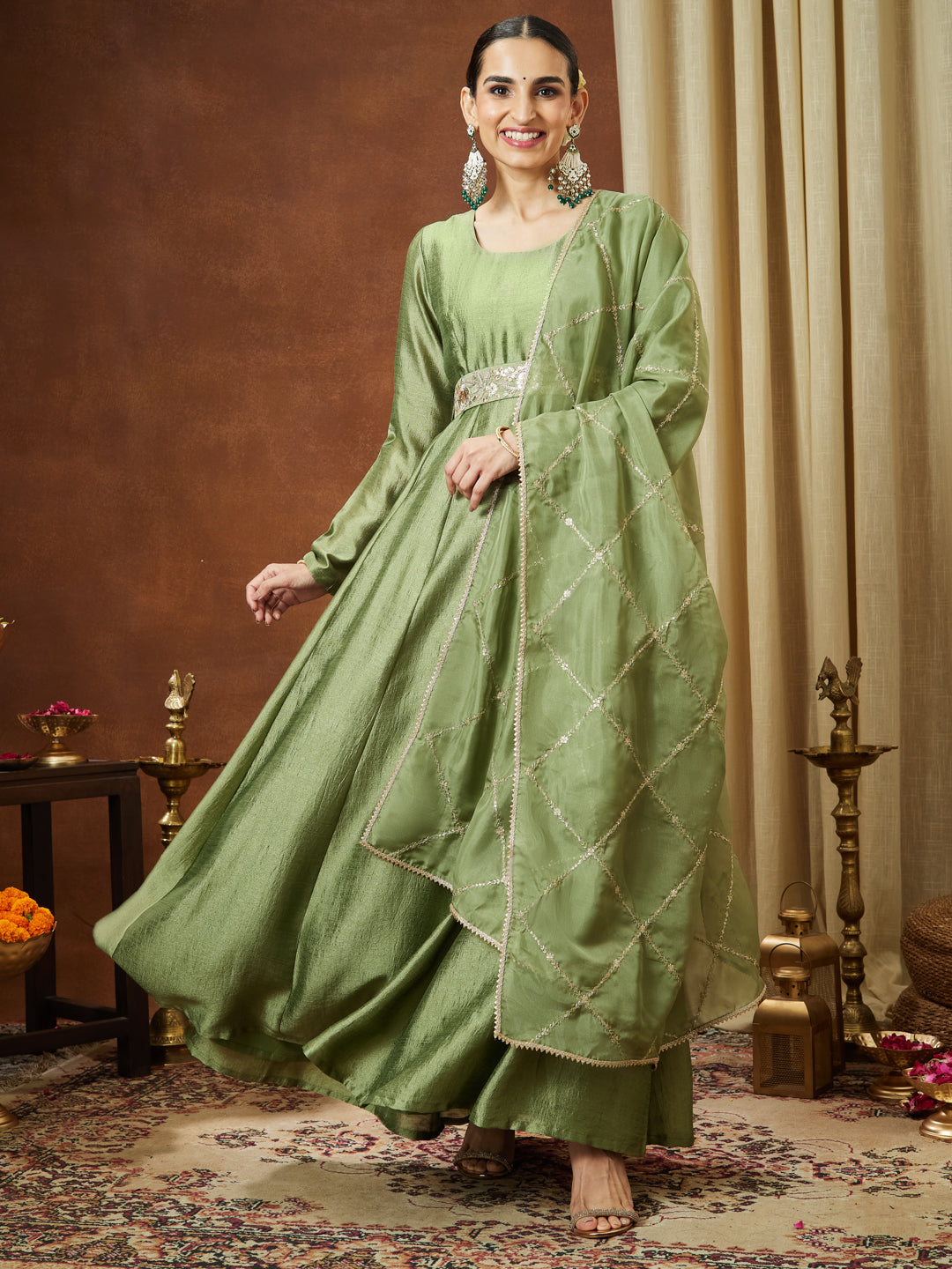Janasya Women's Sage Green Silk Blend Flared Gown With Embellished Belt