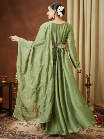 Janasya Women's Sage Green Silk Blend Flared Gown With Embellished Belt