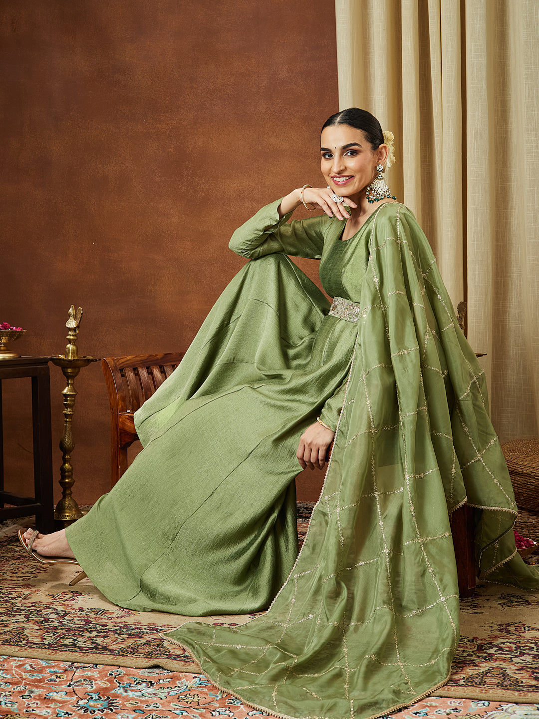 Janasya Women's Sage Green Silk Blend Flared Gown With Embellished Belt