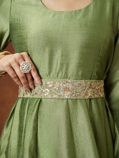 Janasya Women's Sage Green Silk Blend Flared Gown With Embellished Belt