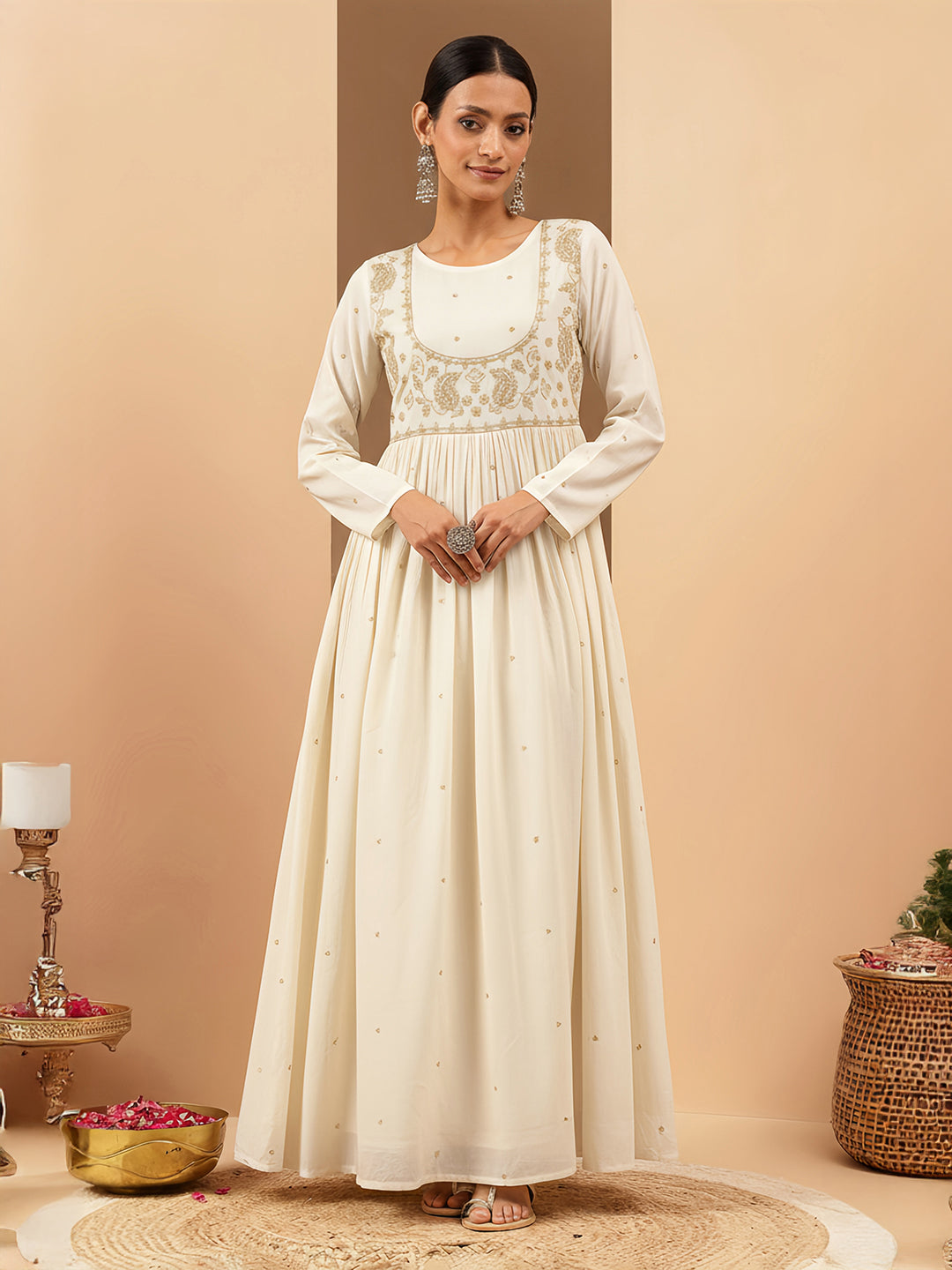 Janasya Women's Off White Soft Pure Cotton Zari Embroidered Anarkali Gathered Gown