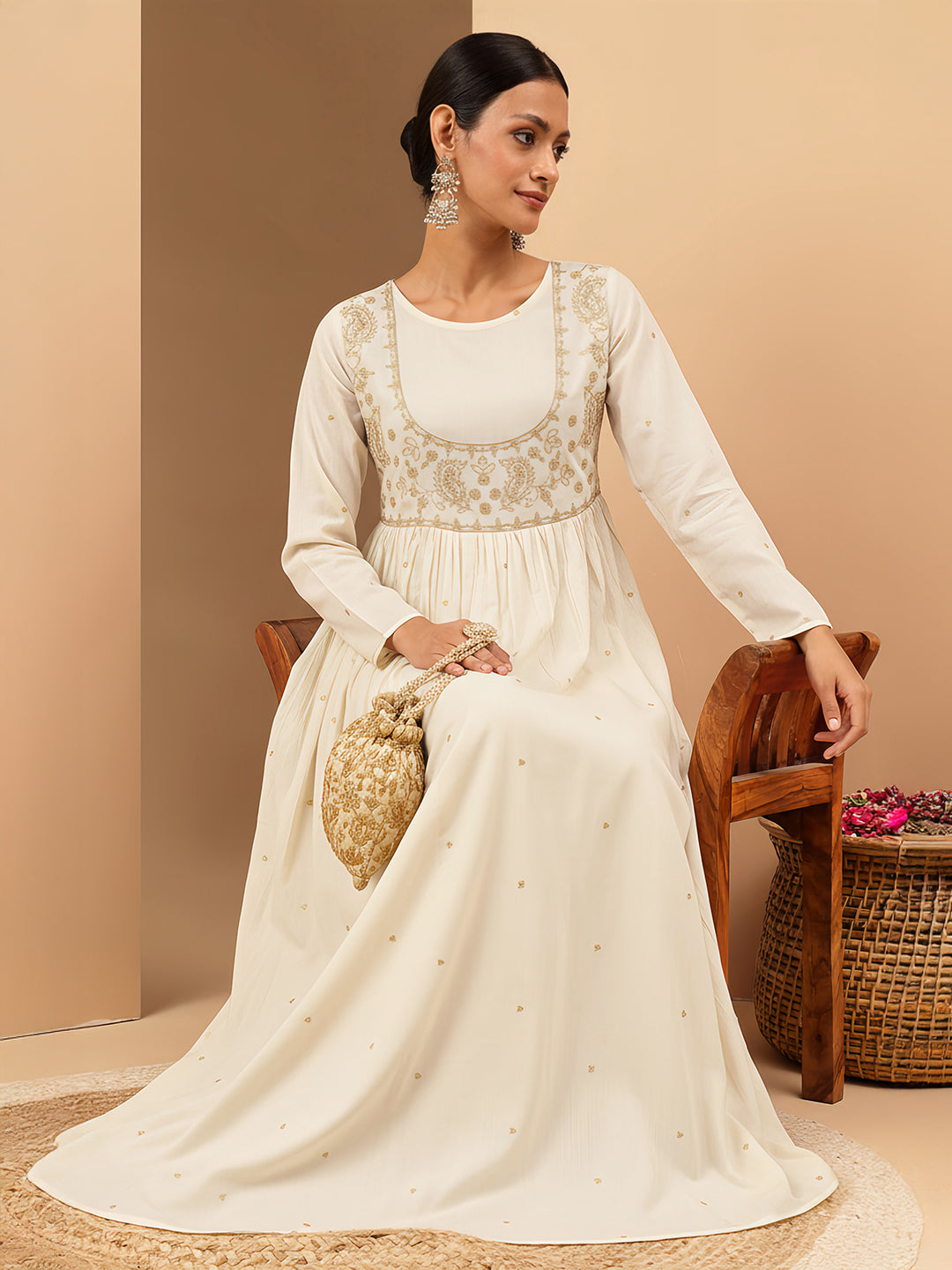 Janasya Women's Off White Soft Pure Cotton Zari Embroidered Anarkali Gathered Gown