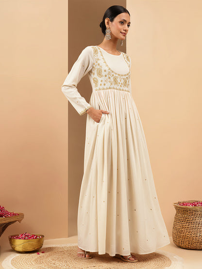Janasya Women's Off White Soft Pure Cotton Zari Embroidered Anarkali Gathered Gown